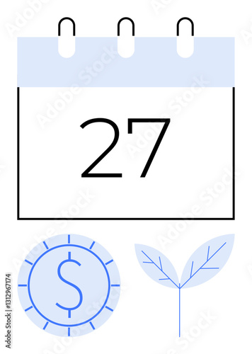 Date marked on calendar accompanied by coin and leaf visuals. Ideal for financial planning, savings, investment, sustainability, budget management, deadlines, and eco-conscious habits. Clean flat