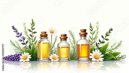Essential Oil Blend: A captivating visual of four amber glass bottles of essential oils, adorned with cork tops, nestled amidst vibrant sprigs of lavender, rosemary and chamomile.