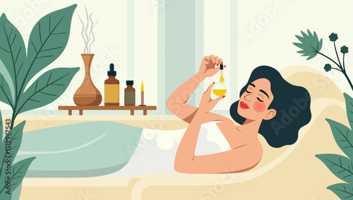 Relaxation and Rejuvenation: This charming illustration depicts a woman lying peacefully on a massage table,  engulfed in a serene spa environment. As she gently applies a fragrant oil.
