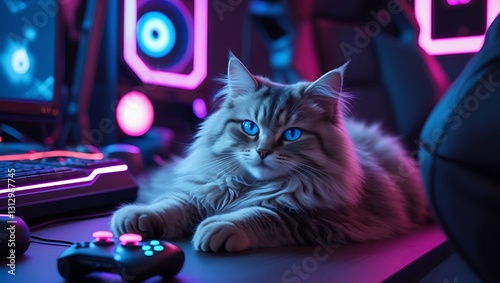 The charm of a whiskered watcher shines in a radiant pixel haven, encircled by a lit keyboard, glowing PC, and vibrant screens, great for tech pet visuals in a neon realm photo