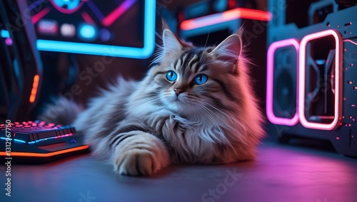 kitty rest moment displays a feline grace on a bright monitor area, with luminous rig, neon lights, and a vibrant setup, ideal for cat nap or gaming content photo