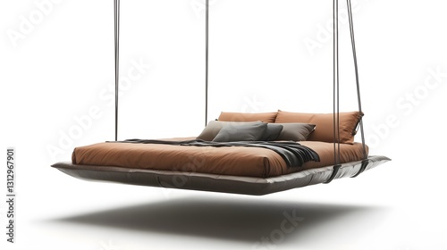 A floating bed suspended by steel cables, featuring a sleek, modern design with a leather finish on an isolate background