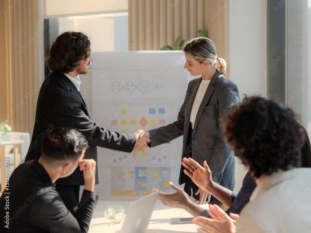 Business Meeting Whiteboard Presentation Office Strategy Discuss , Business team shows unity by shaking hands in sunny conference room. Group of people holding hands