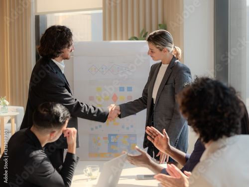 Obraz na płótnie Business Meeting Whiteboard Presentation Office Strategy Discuss , Business team shows unity by shaking hands in sunny conference room. Group of people holding hands w salonie