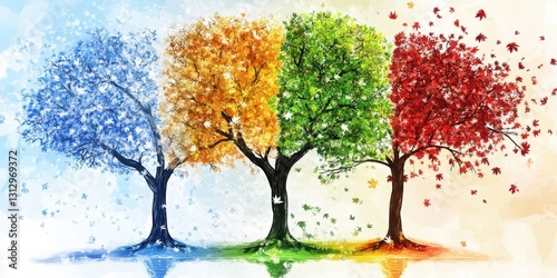 A beautiful artwork depicting four trees representing seasons and change
