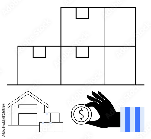 Boxes stacked in a warehouse, a hand holding a coin, and a barcode. Ideal for commerce, logistics, retail, inventory, payment shipping and digital supply chain. Flat simple metaphor
