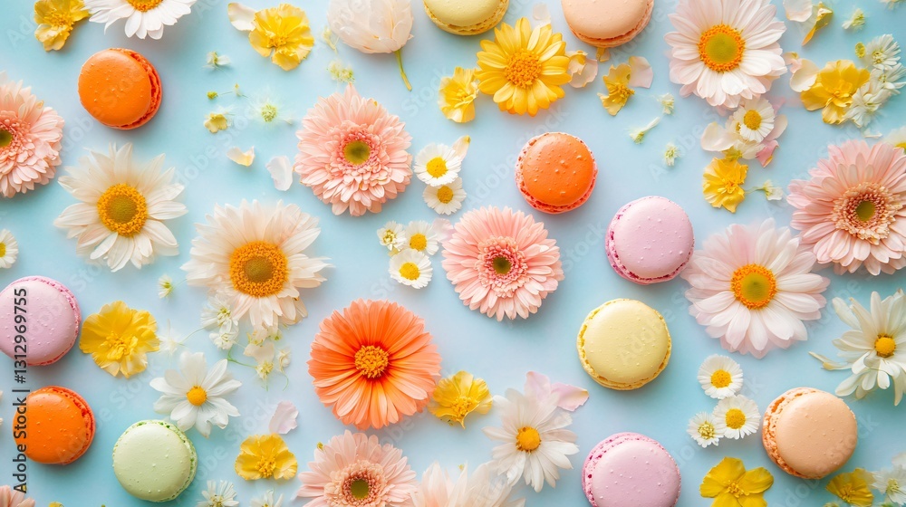 Fototapeta premium Bright Pastel Macarons and Flowers Create a Stunning Composition