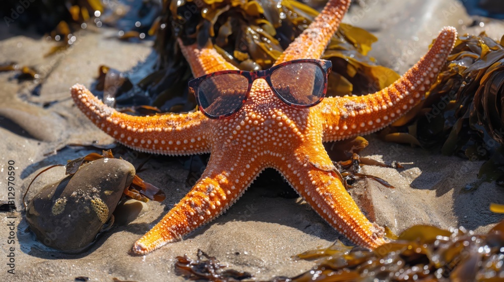 happy starfish wearing sunglasses on the beach happy starfish wearing sunglasses on the beach