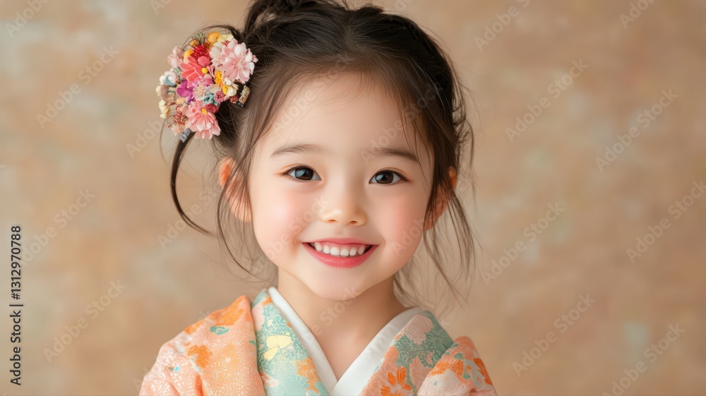Smiling Toddler Girl in Peach Kimono and Floral Hair Ornament Smiling Toddler Girl in Peach Kimono and Floral Hair Ornament