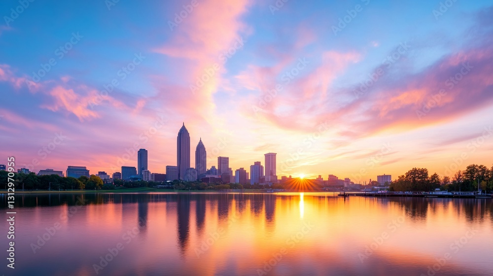 Fototapeta premium A vibrant city skyline reflecting on calm water at sunrise