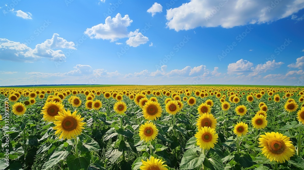Fototapeta premium sunflower field stretching towards horizon with a blue sky