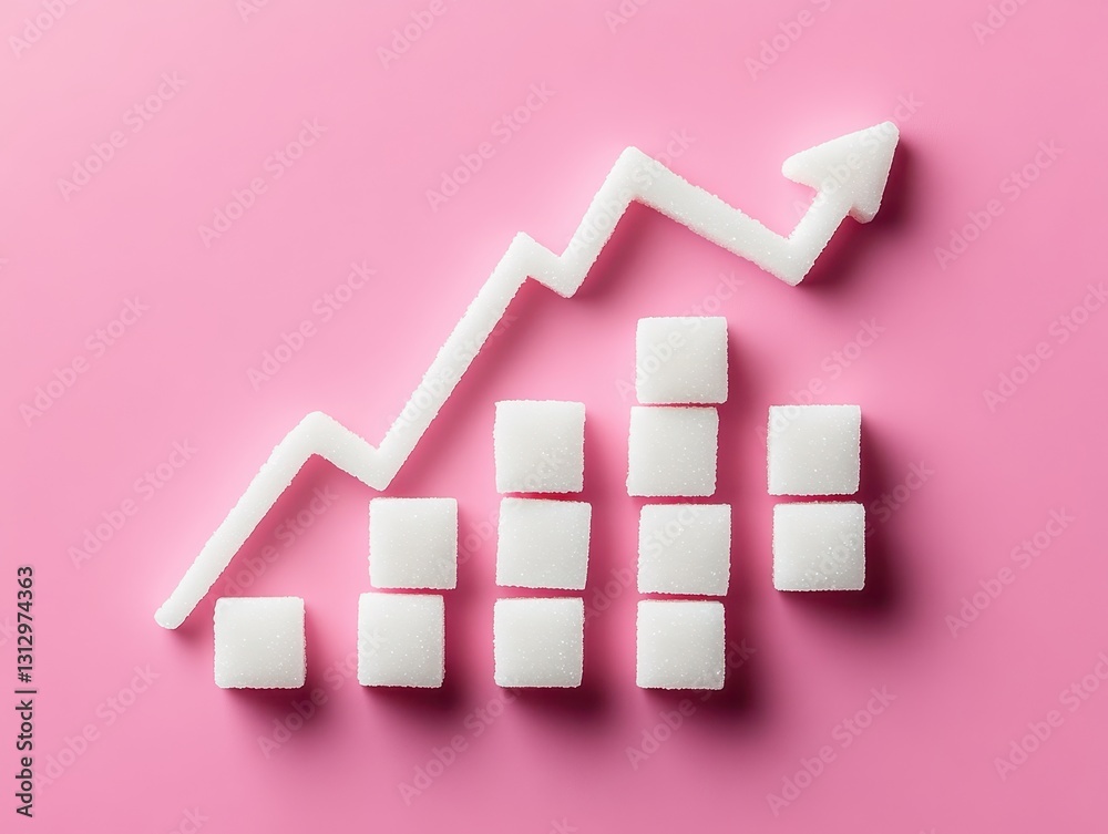Creative sugar cubes stacked to form a graph with an upward arrow on a pink background, symbolizing growth and increase in sweetness or consumption