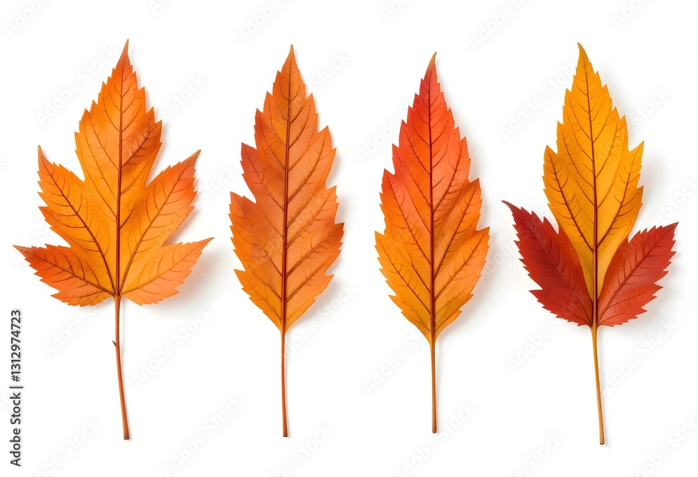Set of 4 colorful autumn leaves in different shapes and shades of orange, red, and yellow. Creates a warm and cozy seasonal vibe. Set of 4 colorful autumn leaves in different shapes and shades of orange, red, and yellow. Creates a warm and cozy seasonal vibe.