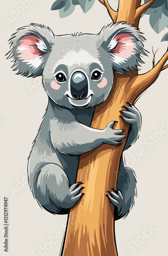 Cute Koala hugs a tree trunk