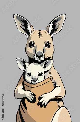 A Kangaroo mom Holds a baby kangaroo in her bag