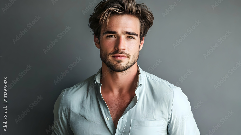 Fototapeta premium A handsome man with tousled hair, wearing a white shirt, staring confidently into the camera.