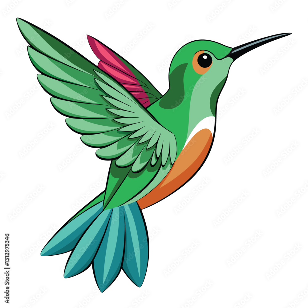 Obraz premium Hummingbird flying near flowers on a branch in a colorful tropical jungle scene