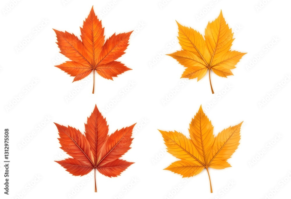 Set of 4 colorful autumn leaves in different shapes and shades of orange, red, and yellow. Creates a warm and cozy seasonal vibe. Set of 4 colorful autumn leaves in different shapes and shades of orange, red, and yellow. Creates a warm and cozy seasonal vibe.