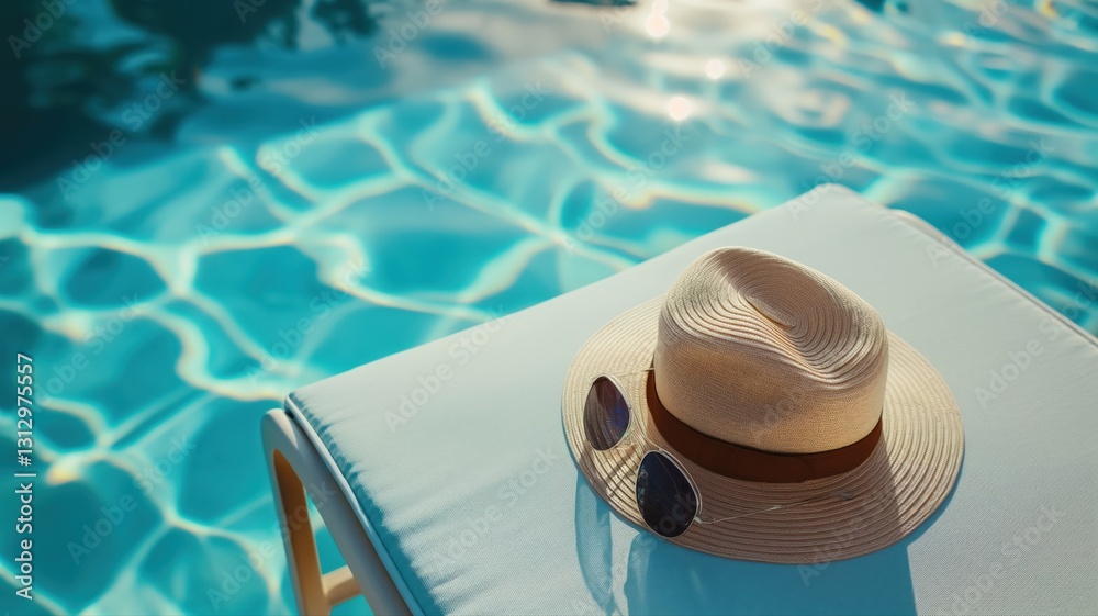 Obraz premium sun hat and designer sunglasses resting on a poolside lounge chair