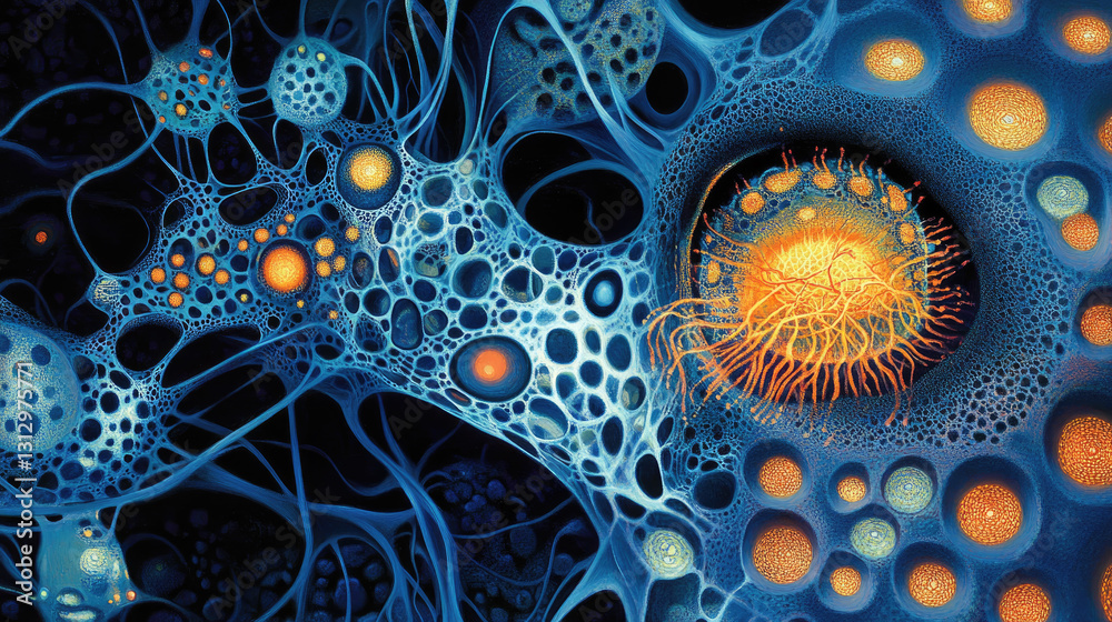 Naklejka premium Abstract Cellular Network Intricate Blue and Orange Organic Design