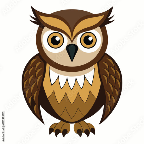 Cute brown owl character vector illustration on a white background, featuring wise eyes and detailed feathers on a branch, embodying the wisdom of wildlife at night