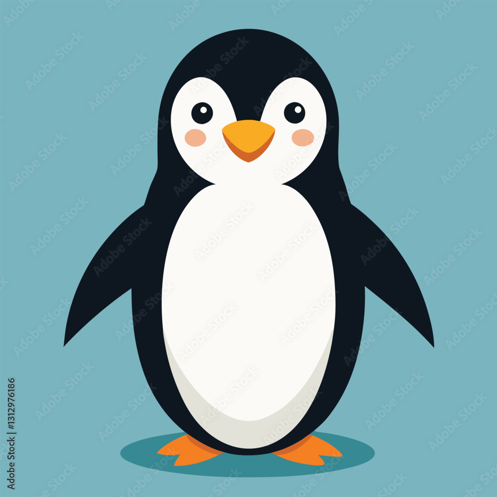 Fototapeta premium Cute cartoon penguin bird on white snow and cold ice, a winter animal illustration