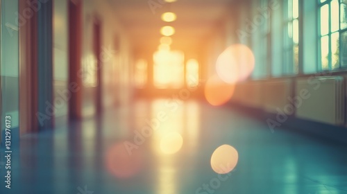 Blurred school background with soft focus hallway and classroom elements, creating a neutral and versatile backdrop for educational themes, academic concepts, and learning environments in a subtle and photo