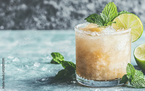 Light Brown Cocktail with Lime and Mint Garnish
