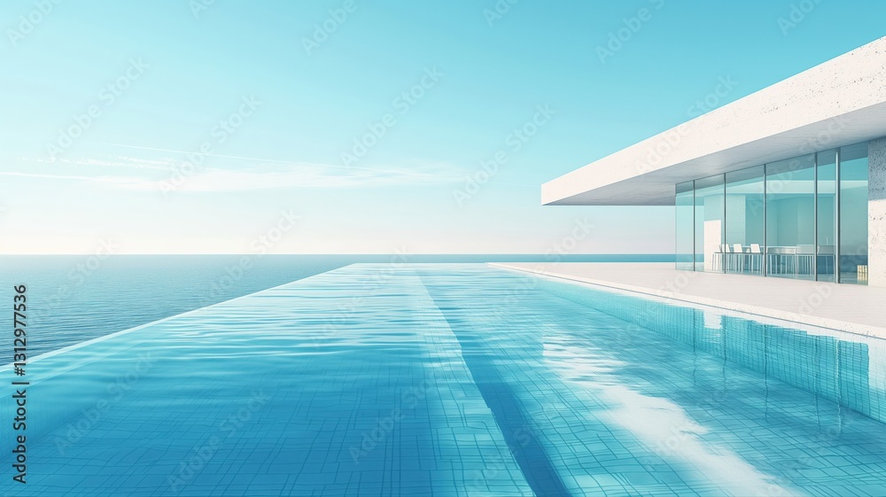 Fototapeta premium 3D render of a modern infinity pool with ice-blue water and accommodation for resting