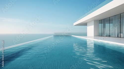 3D render of a modern infinity pool with ice-blue water and accommodation for resting