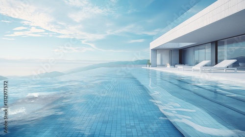 3D render of a modern infinity pool with ice-blue water and accommodation for resting