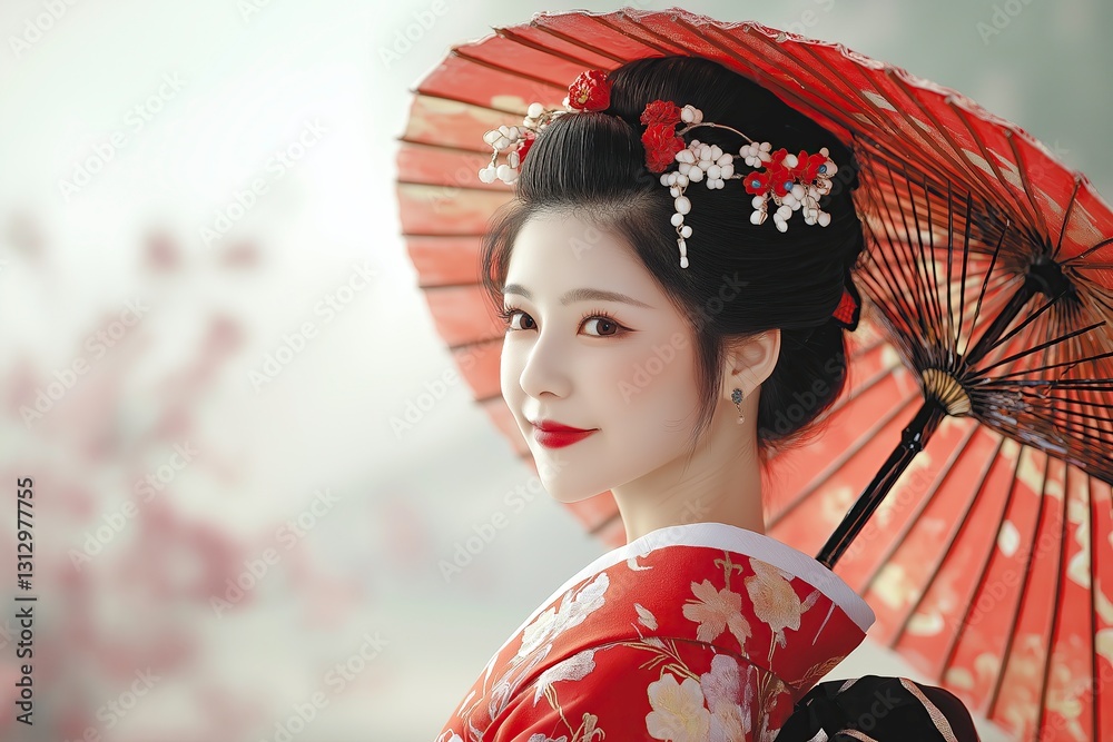 Japanese Woman in Kimono with Red Umbrella – Ideal for Travel, Culture, and Tradition Themes Japanese Woman in Kimono with Red Umbrella – Ideal for Travel, Culture, and Tradition Themes