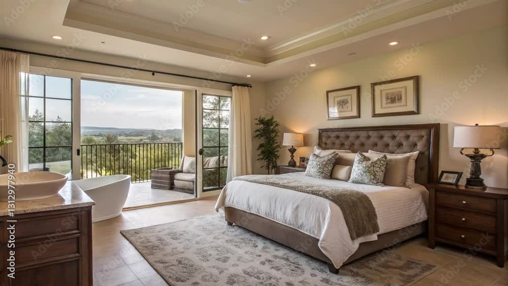 Cozy bedroom with large windows, natural light, soft furnishings, traditional decor, peaceful garden view, relaxing and inviting atmosphere. Cozy bedroom with large windows, natural light, soft furnishings, traditional decor, peaceful garden view, relaxing and inviting atmosphere.