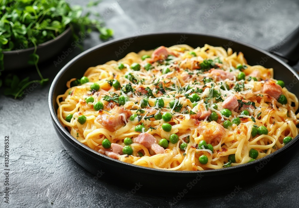 Delicious Creamy Pasta Dish with Ham, Peas, and Parmesan Cheese Garnished with Fresh Herbs in Elegant Black Pan on Rustic Dark Background Delicious Creamy Pasta Dish with Ham, Peas, and Parmesan Cheese Garnished with Fresh Herbs in Elegant Black Pan on Rustic Dark Background