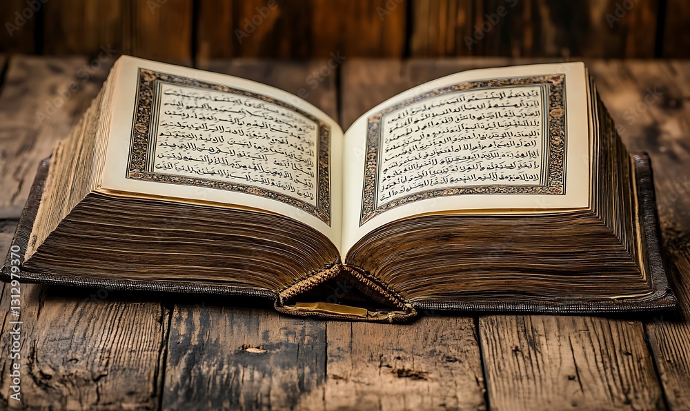 Fototapeta premium Open Ancient Religious Book on Wooden Table