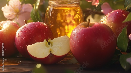 Juicy Red Apples Glistening With Morning Dew Beside A Jar Of Golden Honey, A Symbol Of Natures Sweetness And Bounty Under Warm Sunlight photo