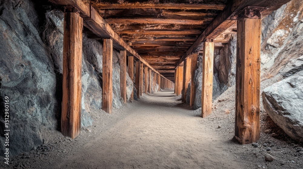 Historic gemstone mining tunnel with old wooden beams supporting rocky walls. Historic gemstone mining tunnel with old wooden beams supporting rocky walls.