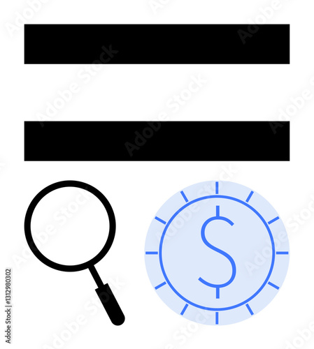 Equal sign, magnifying glass, and blue coin with dollar sign represent financial equality, analysis, investment insight. Ideal for banking, economy, business, wealth management decision-making