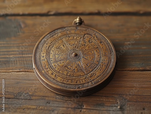 Antique circular navigational tool with decorative star and markings set on a rustic wooden surface; travel theme, history, and exploration.