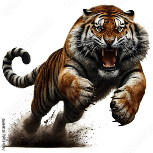 3D Caspian tiger attacking isolated on white background