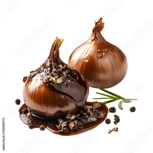Caramelized Onion and Balsamic Caramel with Chocolate Sauce Isolated on Transparent Background