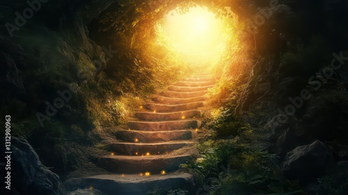 Cave stairs leading to sunlight. Hope, journey, nature, fantasy, spiritual
