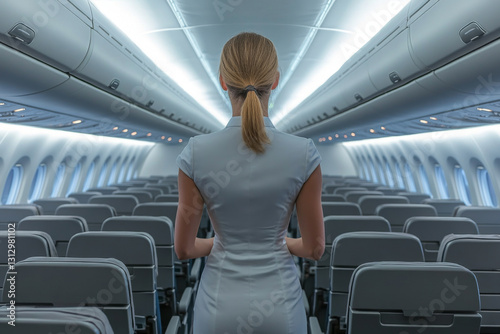 A flight attendant stands in a sleek aircraft cabin, facing the rows of unoccupied seats, indicating readiness for passenger boarding amid serene lighting