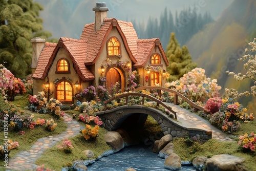 Riverside Easter village diorama with miniature bridge and flower decorations