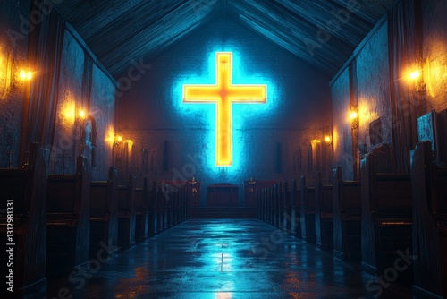 Neon yellow cross symbol with blue halo effect against dark church interior