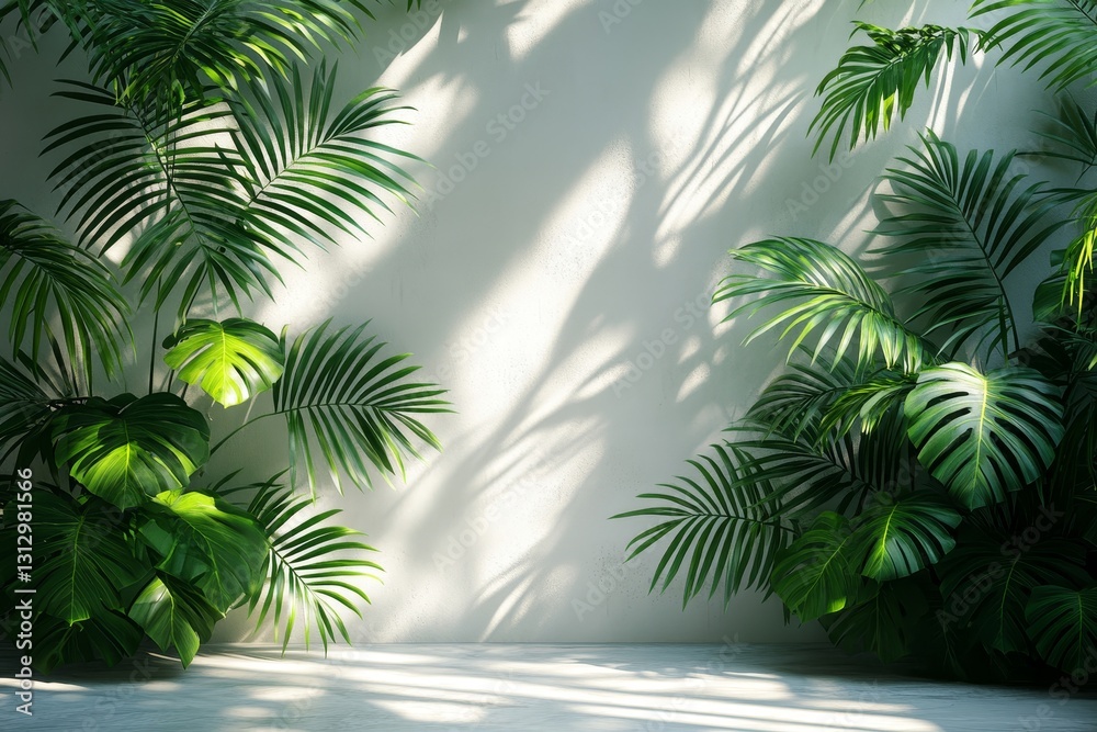 Fototapeta premium Tropical Lush Plants Against a Light Wall