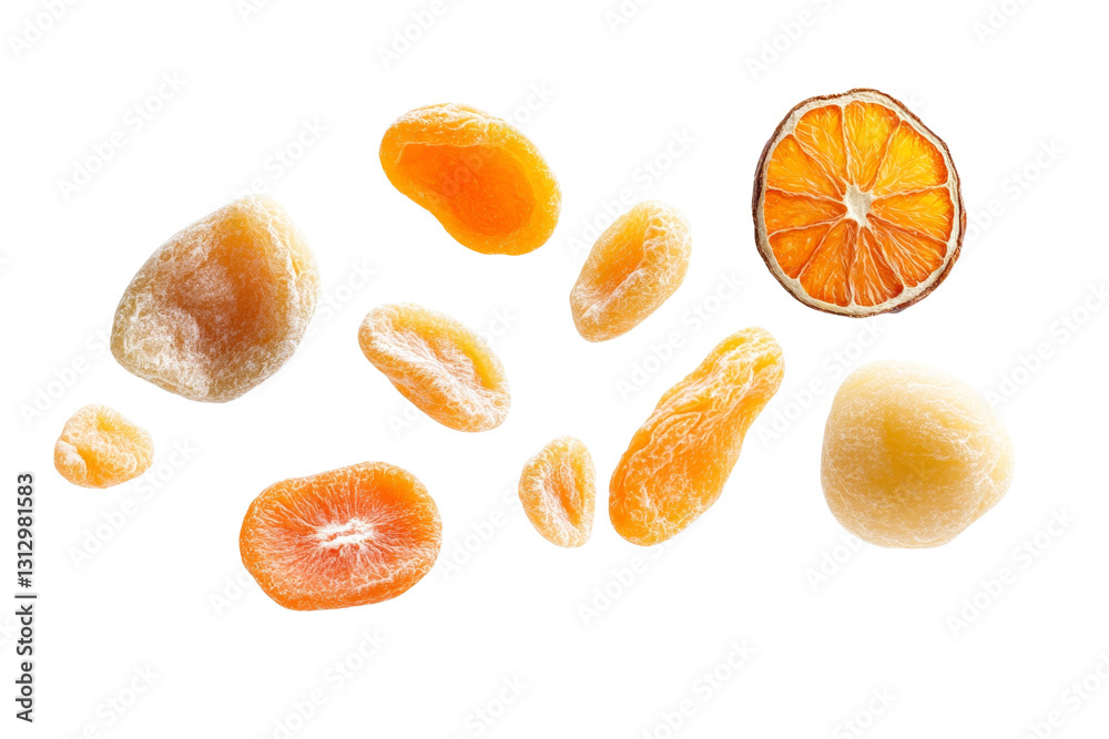 Bunch of dried fruit and a slice of orange, isolated Bunch of dried fruit and a slice of orange, isolated