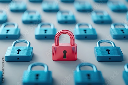 Unique Security Lock Among Identical Blue Padlocks Representing Cybersecurity and Data Protection