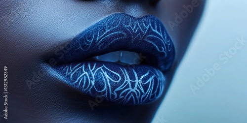 Close-up of blue lips with design, beauty, fashion