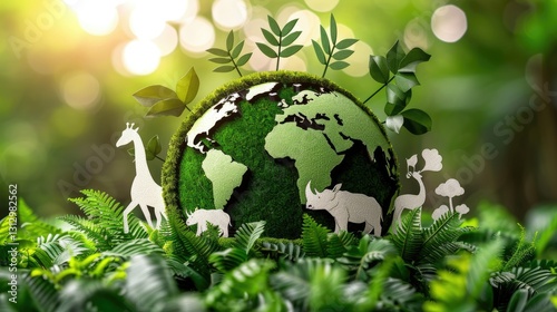 A green globe surrounded by animals and plants, symbolizing environmental awareness and conservation.